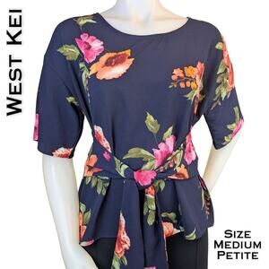 West Kei Blouse Medium Petite Navy Pink Orange Floral Tie Waist Tropical Garden